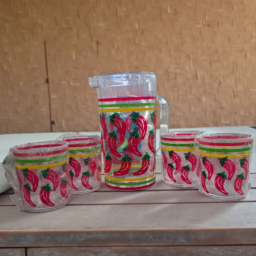 Vintage Acrylic Chili Pepper Pitcher Set Retro Summer Drinkware Cups NWOT